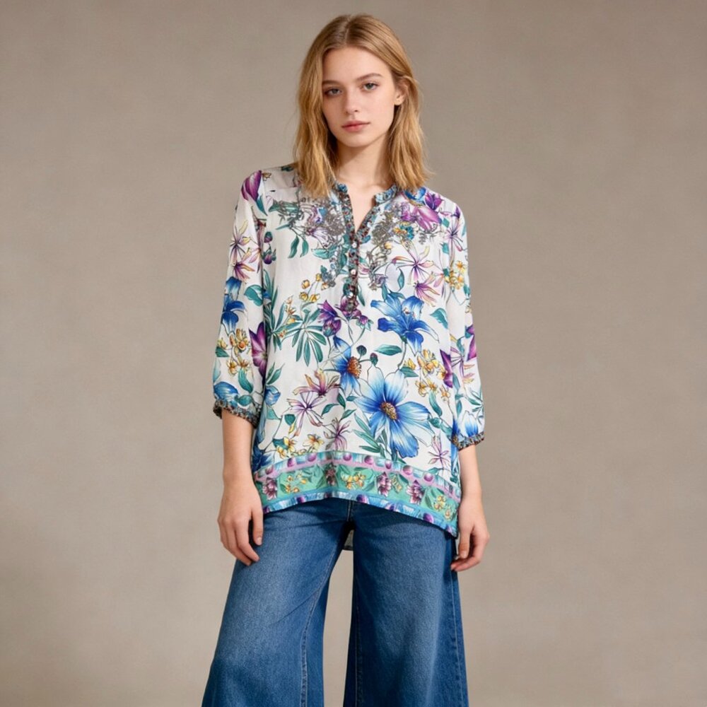 NWOT Johnny Was Leena Silk Tunic Embroidered Floral Shirt Blouse Size S